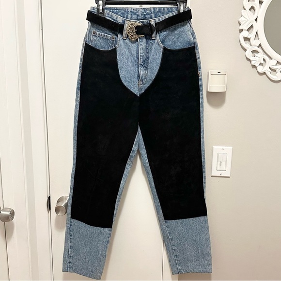 Pepe Jeans Denim - Vintage 80's PEPE Suede Chaps Patchwork Denim Jeans w/ Belt Jrs 7/8 Women’s 0/2